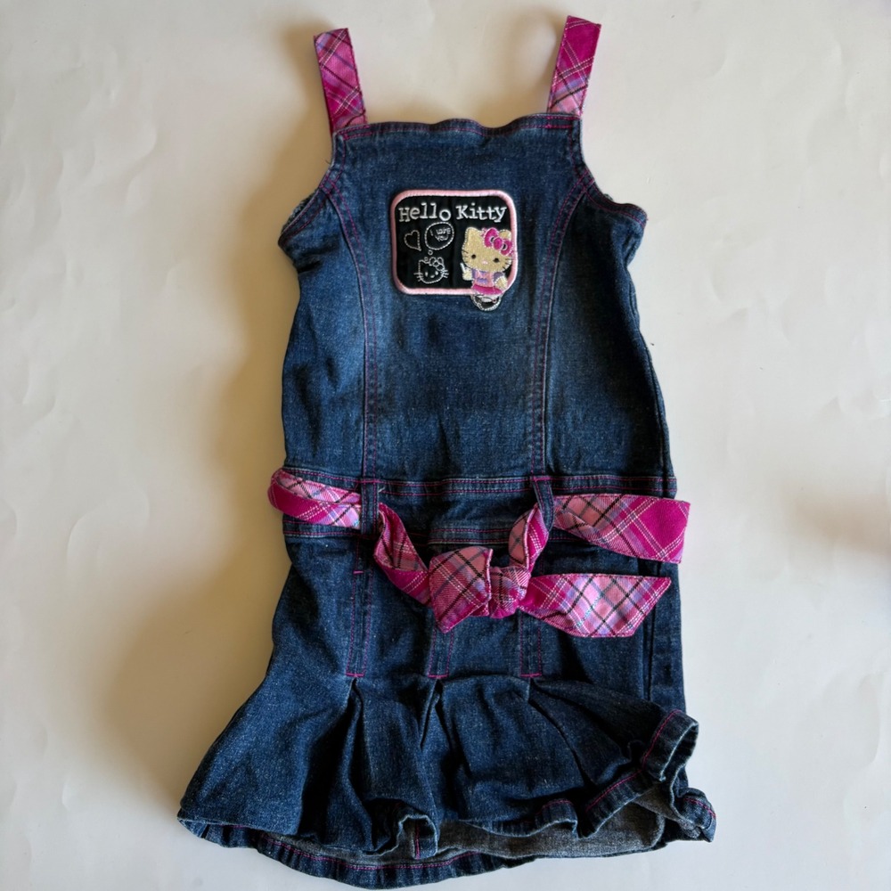 Y2K Hello Kitty Sanrio Denim Jumper Dress Pink Plaid Trim Pleated Hem Girls XS